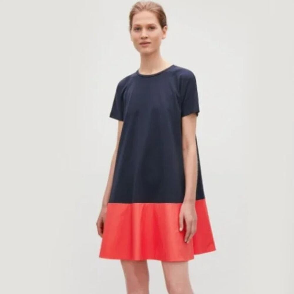 COS Women's Navy Red Jersey Crew neck Cotton Hem A-Line Mini Dress Size Small